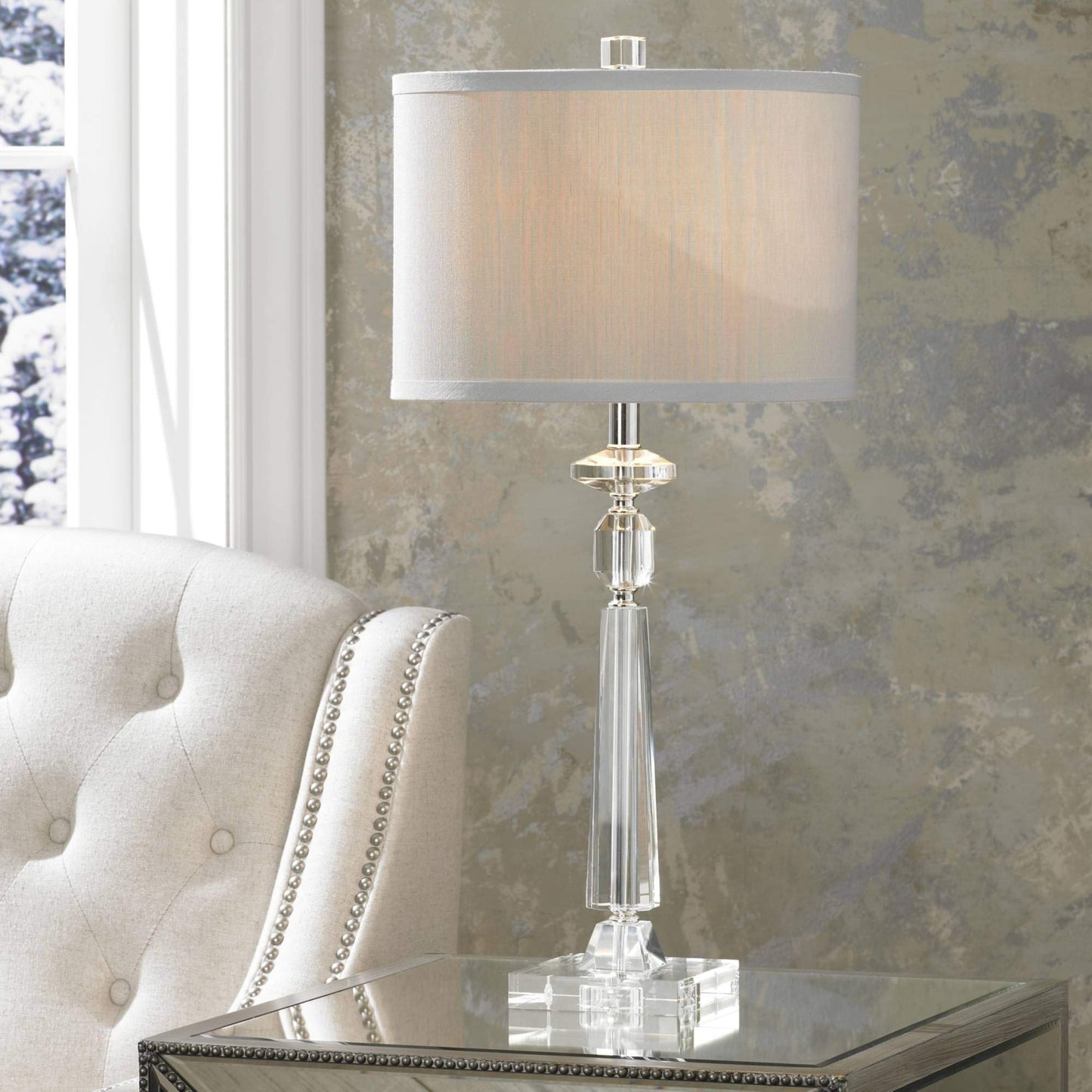 Vienna Full Spectrum 27 Tall Table Lamps Set Of 2, Gray Drum Shade, Crystal, Model 40A06, Ideal For Living Room, Bedroom, Office