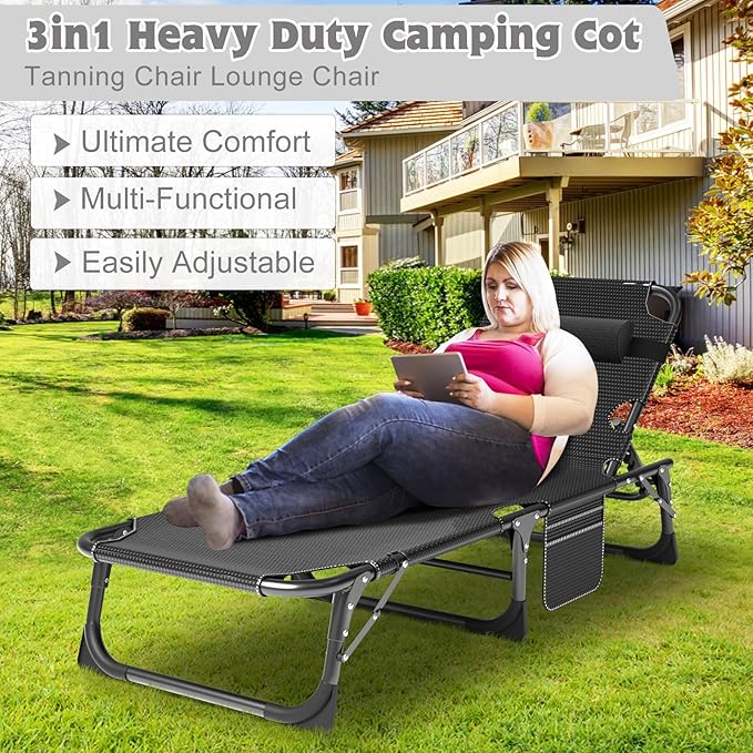 ABORON Folding Camping Cot W/Mat for Adults, Adjustable Heavy Duty Outdoor Bed,1200 D Layer Oxford Travel Camp Cots