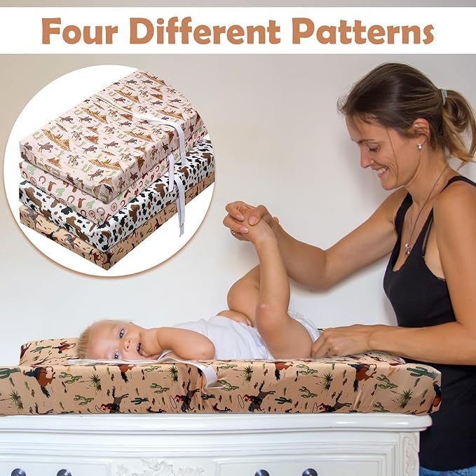 4 Pcs Western Stretchy Baby Changing Pad Covers for Boys and Girls Soft Diaper Changing Table Pad Cover Breathable Comfy Newborn Baby Cradle Sheets Bedding Nursery 32 x 16 x 5 Inch