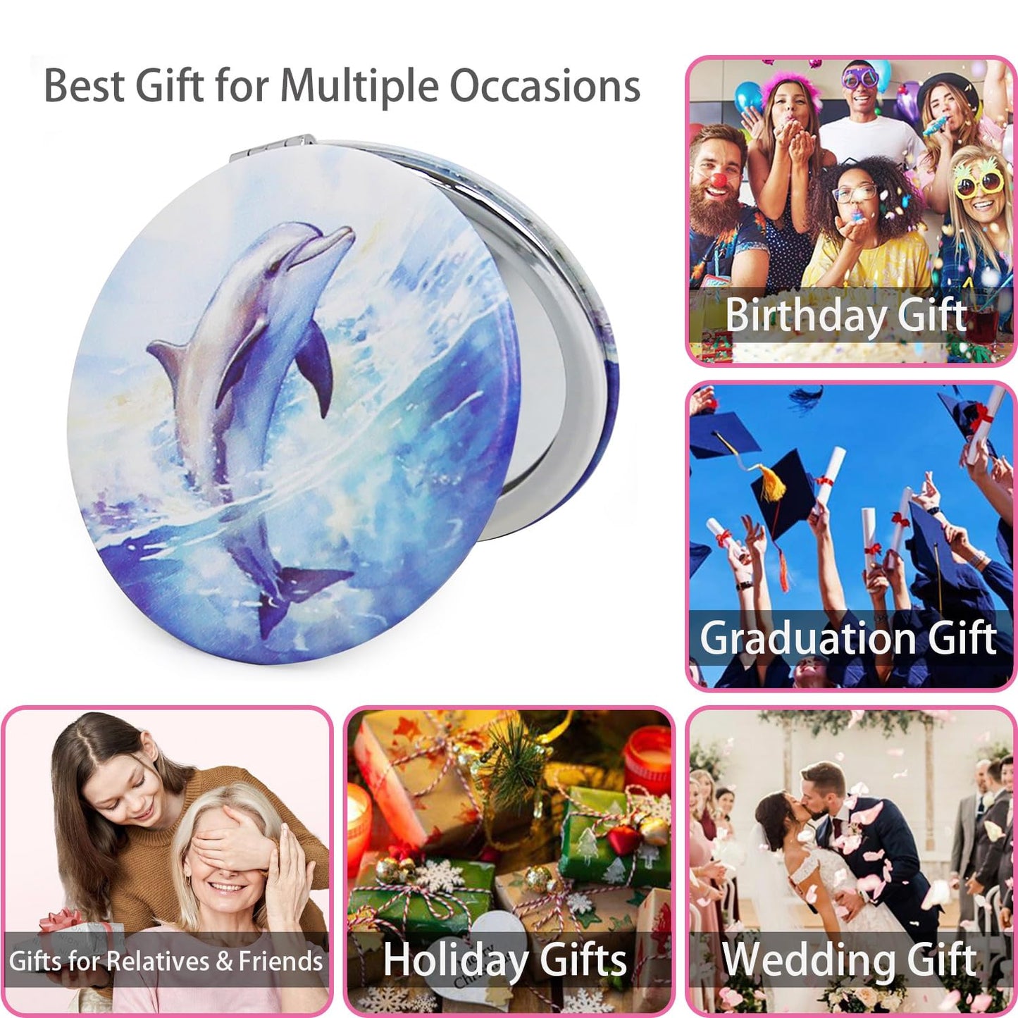 PDOZV Cheap Small Compact Mirror, Round 2.8    Metal Frame PU MarineAnimal Style Double Sided Mini Magnifying 1X/3X Mirror for P