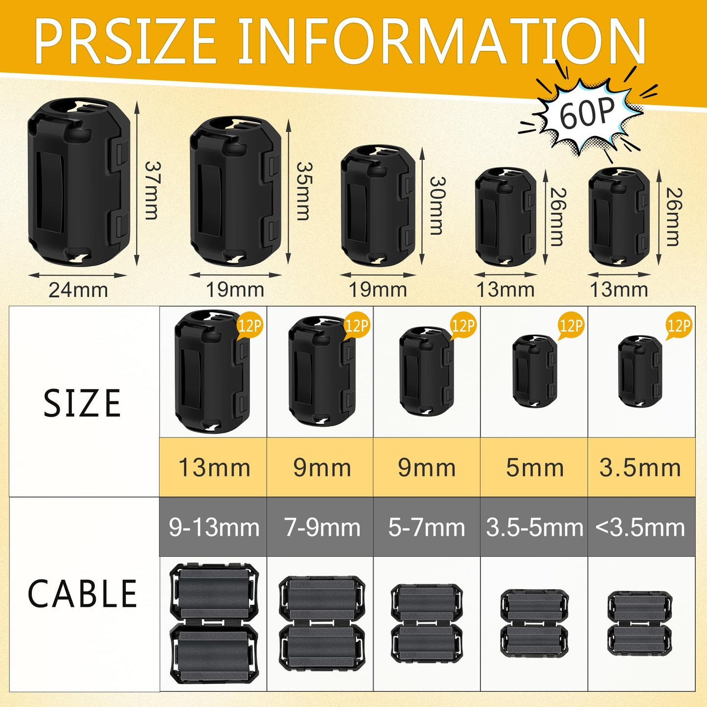 Windspeed 25Pcs Ferrite Chokes Ferrite Beads Snap on RFI EMI Noise Suppressor Cable Clip for 3.5mm 5mm 7mm 9mm 13mm Diameter Cable