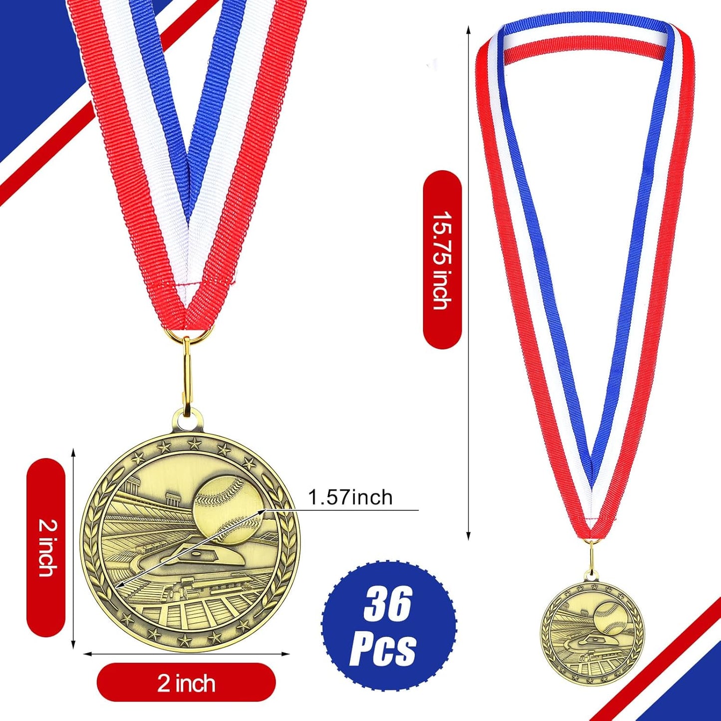 36 Pcs 2'' Gold Medals Bulk Volleyball Football Basketball Soccer Baseball Archery Dink Ball Cheer Track Bowling Awards Medals with Ribbons for Sports Participation Winner Gift