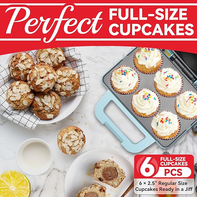 6-Count Cupcake Maker Machine, Bakes 6 X 2.5 Inch Cupcakes, Muffins, Pizza Cups, Cinnamon Buns, Cool-touch Handle, Non-stick Coating, Recipe Included, Aqua