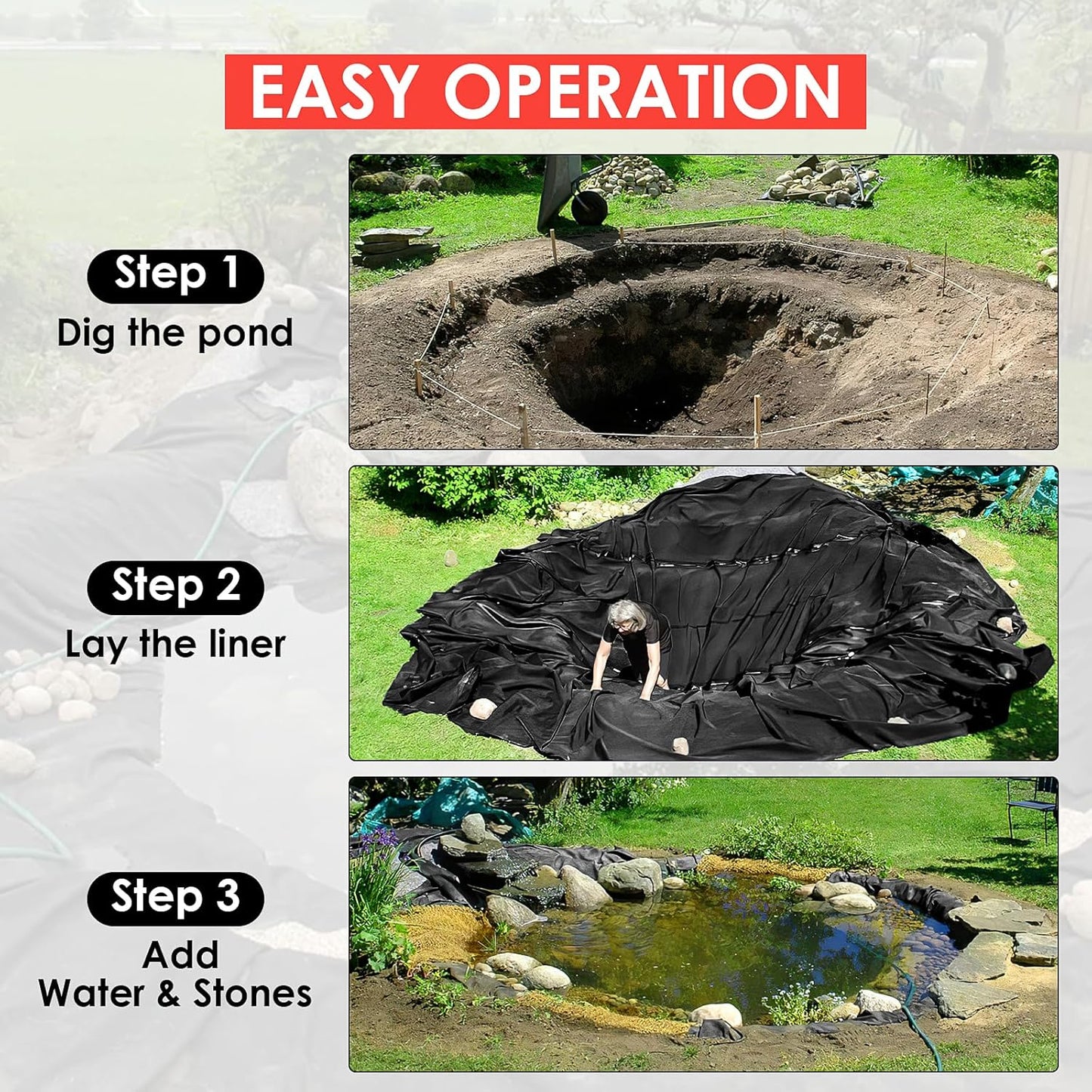 20x25 ft Pond Liner, 20 Mil Thickness, Pliable & Durable LLDEP Material, Easy Cutting & UV Resistant, for Fish or Koi, Features, Waterfall Base, Fountains and Water Gardens