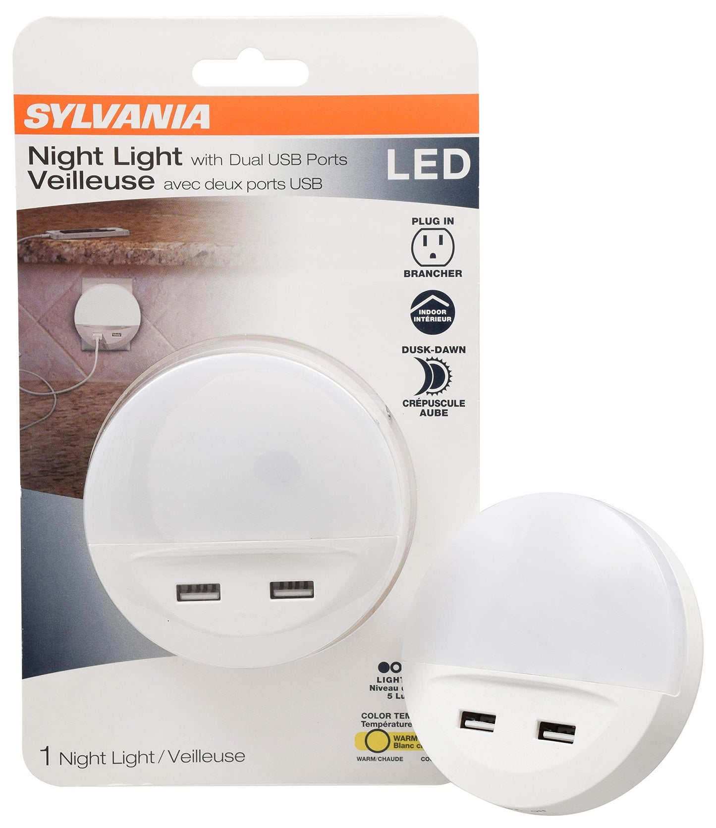 LEDVANCE SYLVANIA LED Night Light with Dual USB Ports, 3000K Warm White, Dusk to Dawn, Frosted Finish, 1 Pack, Model 65005