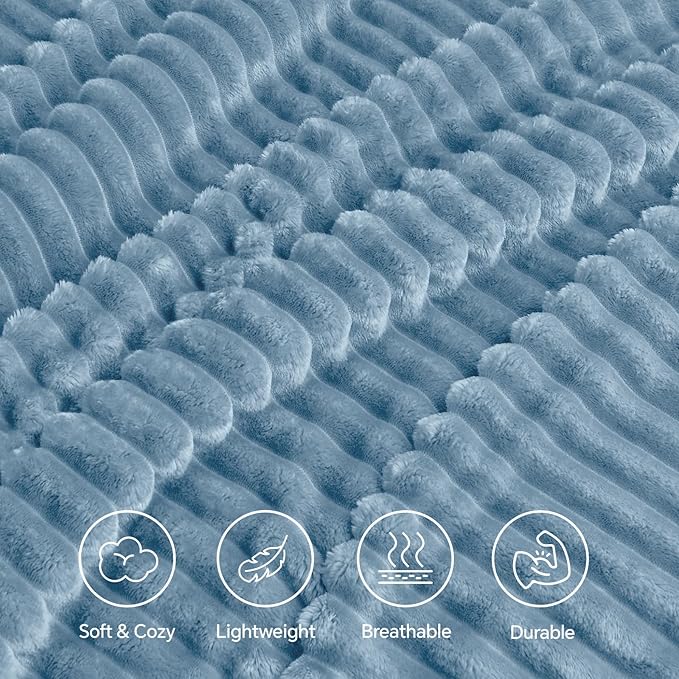 INFIIXSO Sherpa Fleece Queen Size Blanket - Super Soft & Warm Striped Fleece, Cozy Plush Fluffy Large Bed Blanket All Season Use (Light Blue, 90x90 Inches)