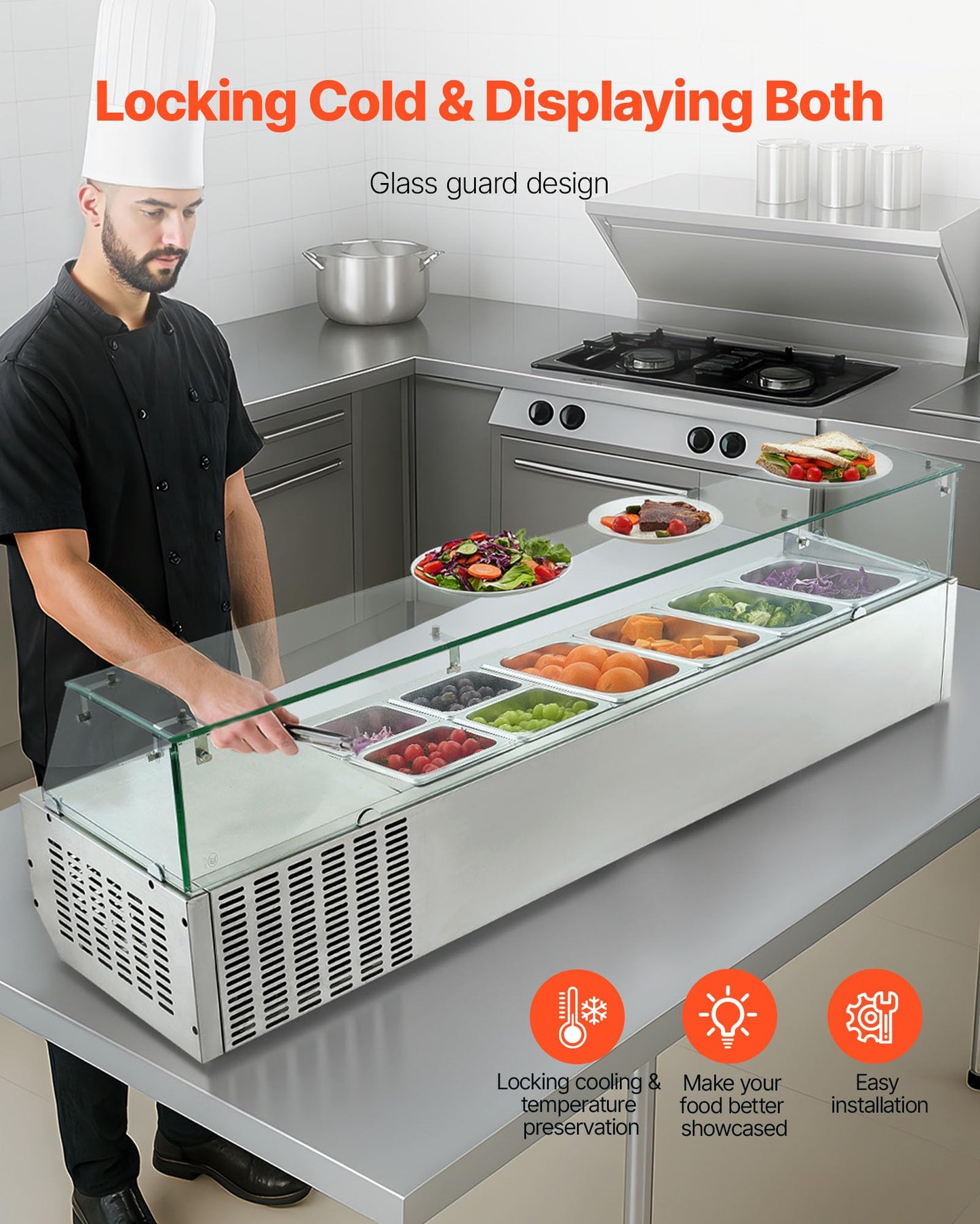 VEVOR Refrigerated Condiment Prep Station, 130 W Countertop Refrigerated Condiment Station, with Four 1/3 Pans & Four 1/6 Pans, 304 Stainless Body and PC Lid, Sandwich Prep Table with Glass Guard