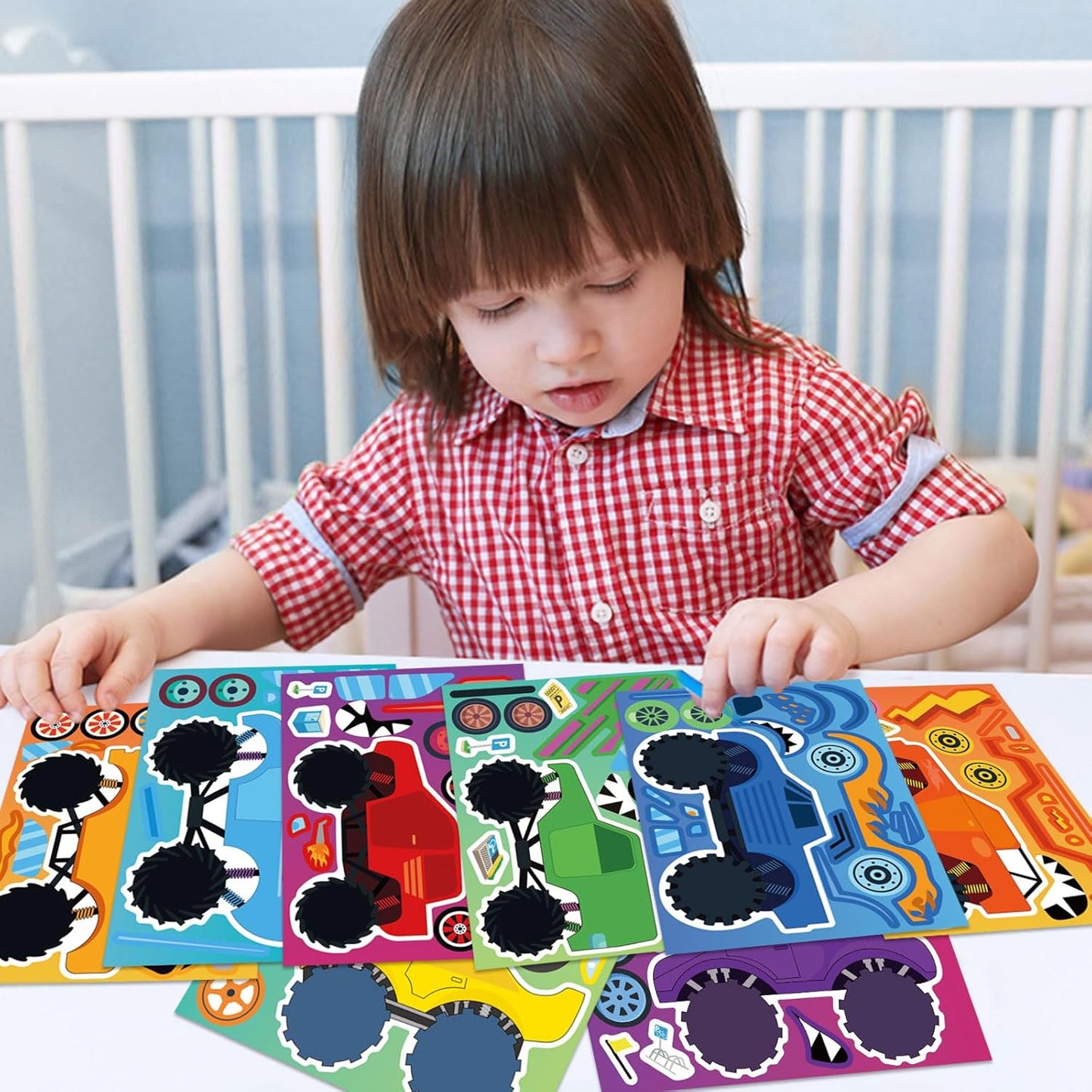 32PCS Monster Truck Stickers, Make Your Own Stickers, Monster Truck Themed Birthday Party Favor, Cartoon Car Make-a-face Sticker Teacher Classroom Rewards Activities for Girls Boys