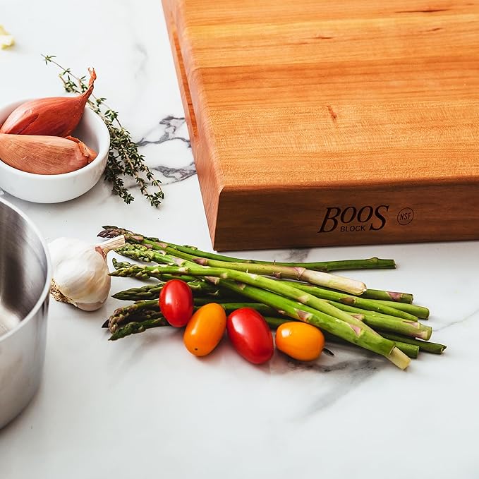 John Boos RA-Board Series Rectangular Wooden Maple Cutting Board 18”x12” – 2.25” Thick, 15-lb Reversible Butcher Block with Edge-Grain & Finger Grips – Made in the USA