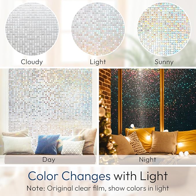 rabbitgoo Window Privacy Film Stained Glass Window Film, Mosaic Rainbow Decorative Glass Cling, Removable Static Cling Tint UV Blocking, Non-Adhesive Privacy Covering for Home, 23.6 x 118.1 inches
