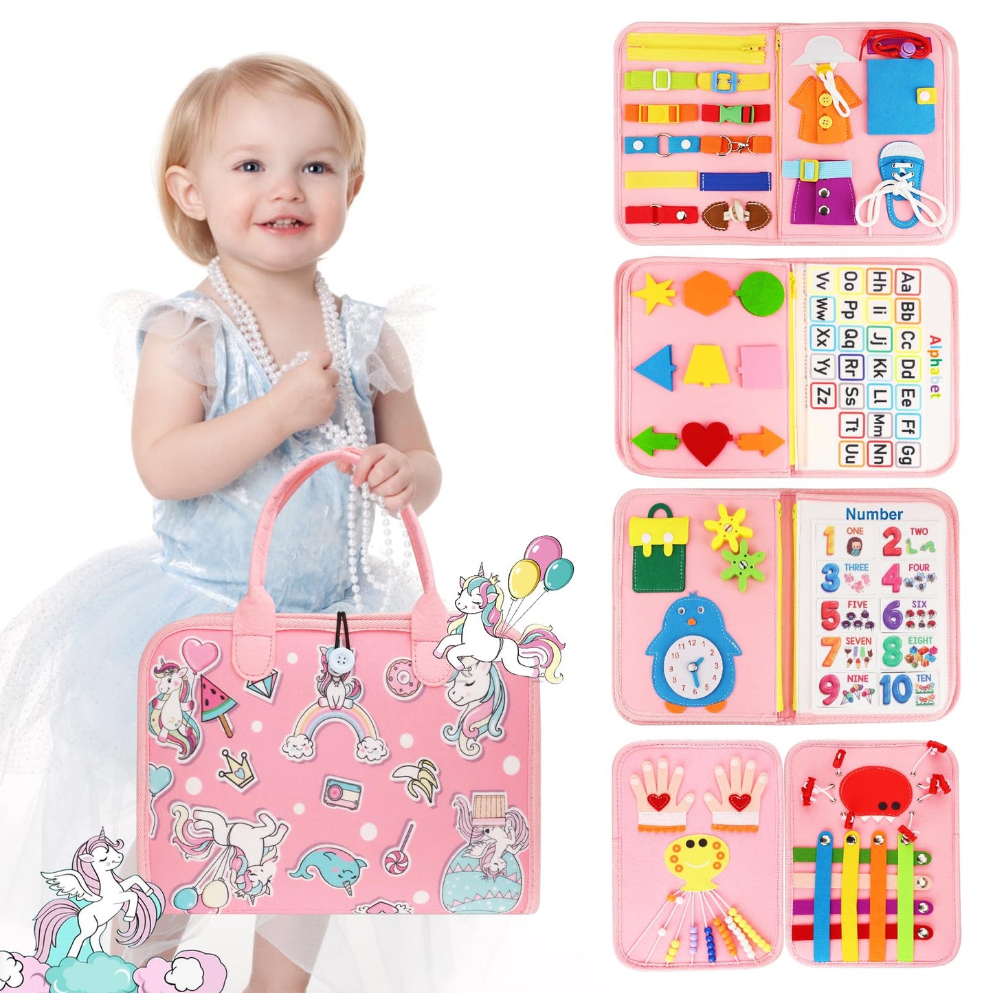 Petenjoy Montessori Busy Board & Busy Book for Toddler 1-3 2-4 – Educational Toys for 1 Year Old Girls, Sensory Activity Board, Fine Motor Skills Learning Gift