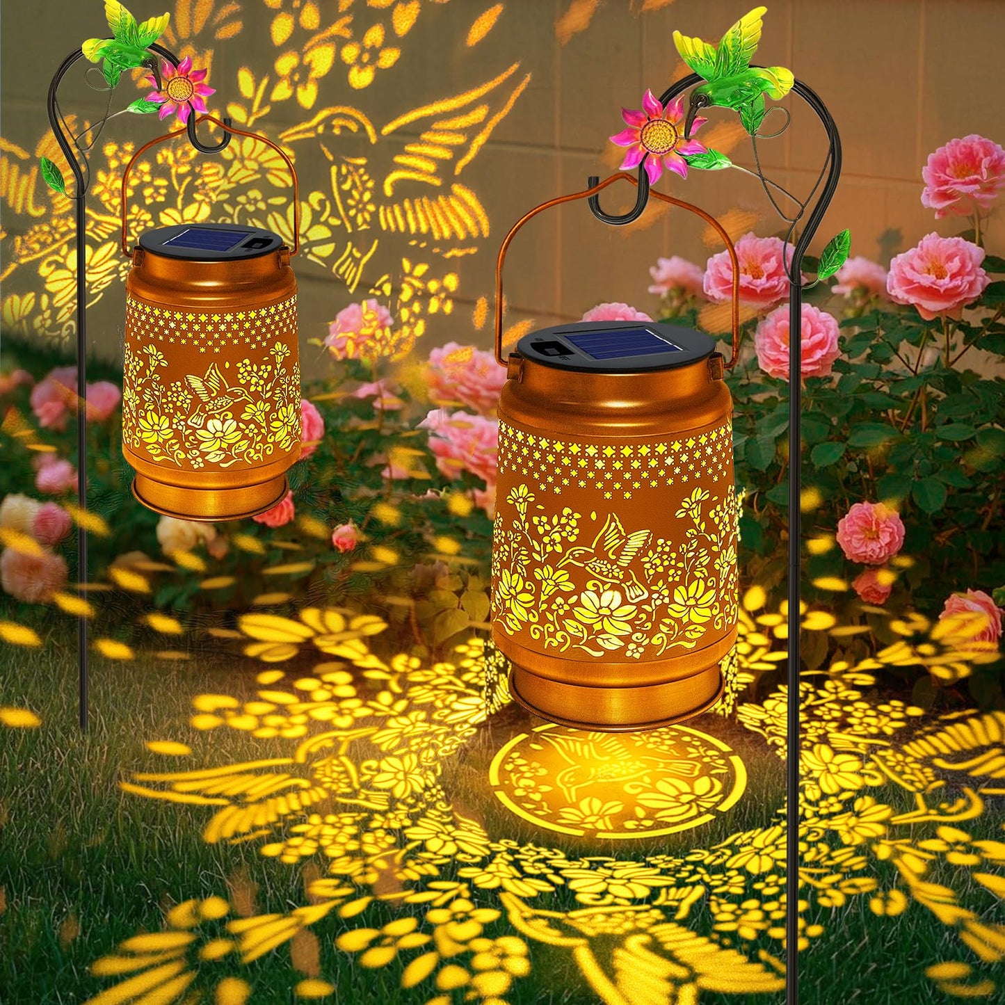 2 Pack Solar Lanterns Outdoor Hummingbird Garden Decor  Birthday Gifts For Mom Women Grandma Christmas  Waterproof Metal Hanging Solar Lights With Shepherd Hook Led Decorative Outside For Yard Patio