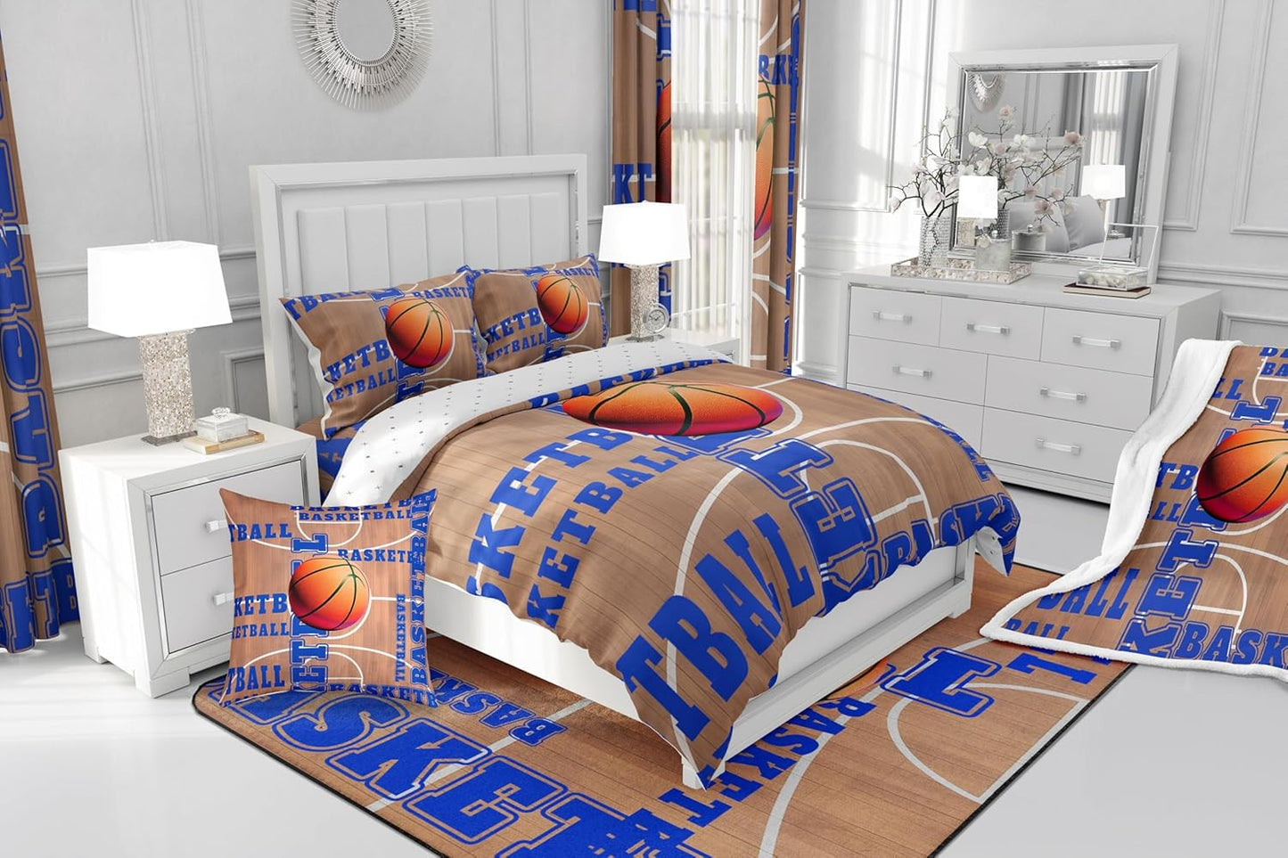 Feelyou Basketball Polyester Bath Rug Vintage Basketball Court Soft Fleece Door Carpet for Kids Boys Girls Orange Basketball Non Slip Bath Mat Ball Game Bathroom Floor Indoor Doormat,16x24 Inch