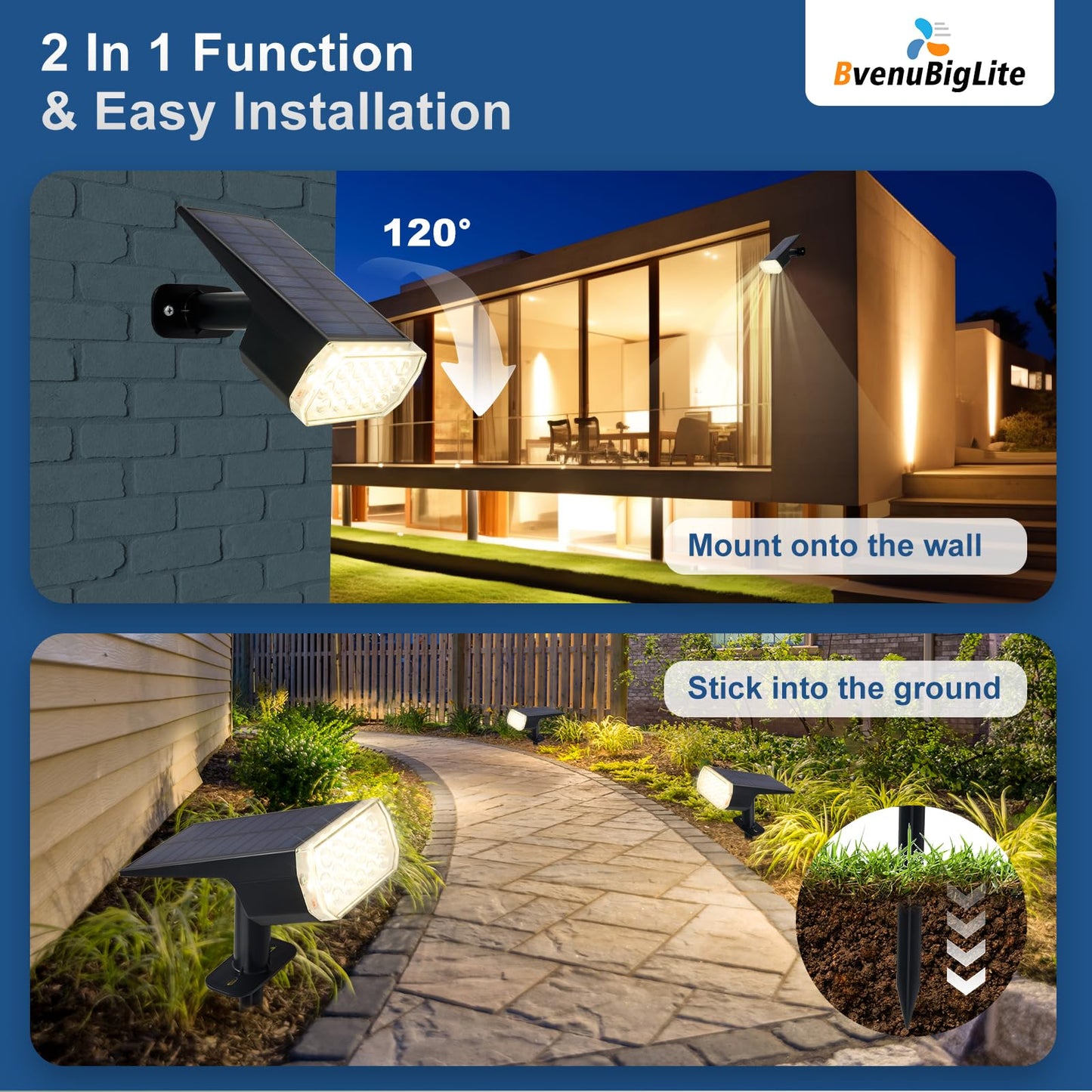 Bvenubiglite Waterproof Solar Lights Outdoor: Ip65 Led Spot Light Decorations For Garden - 3 Lighting Modes Solar Powered For Yard - Halloween Christmas Lights Landscape Pathway Drive Patios 2Pc Warm