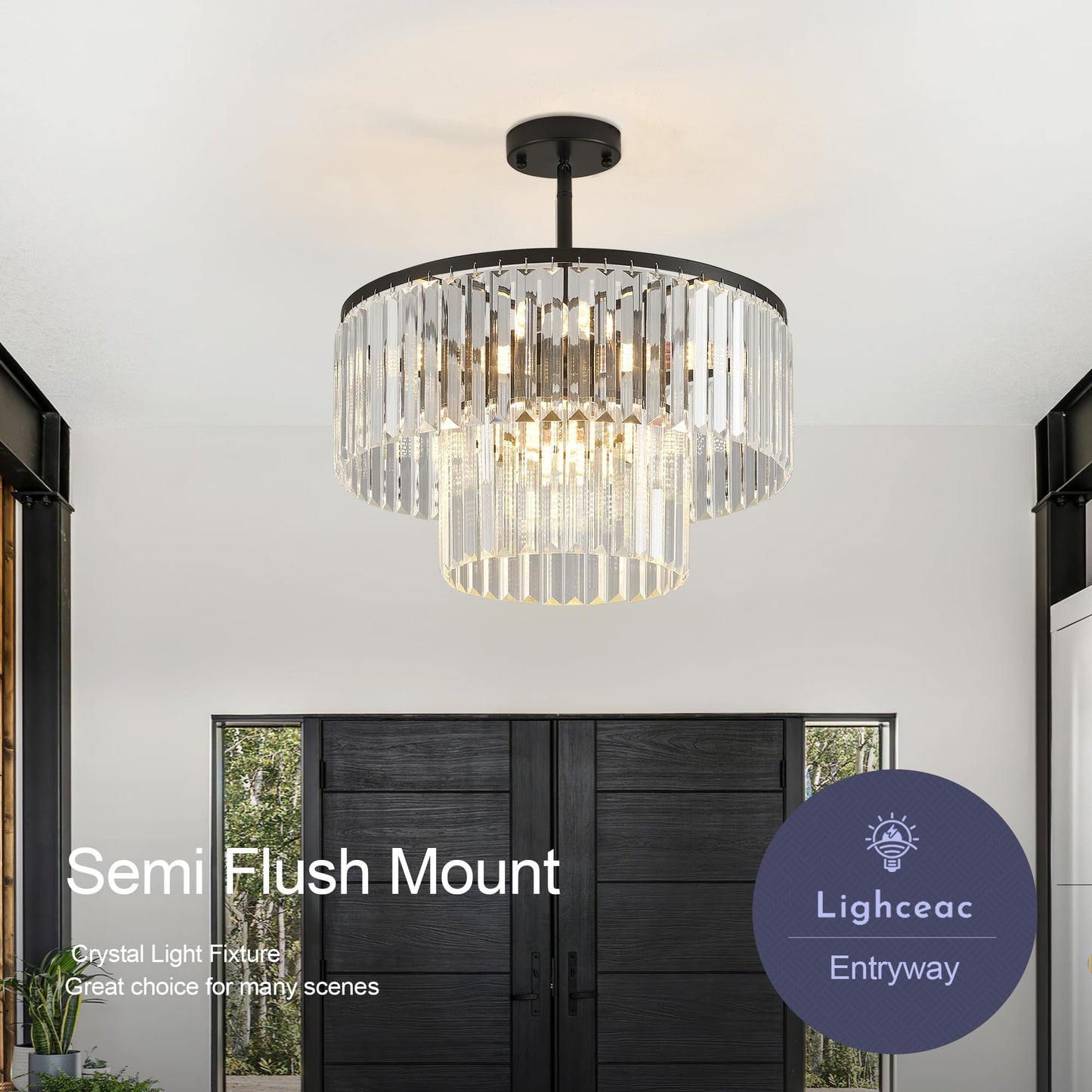 Lighceac 17.7 Black Semi Flush Mount 2-Tier Crystal Ceiling Light Fixtures For Dining Room Modern stylish 8-Light Chandeliers Lighting For Bedroom Entryway Hallway Kitchen Island Living Room Foyer