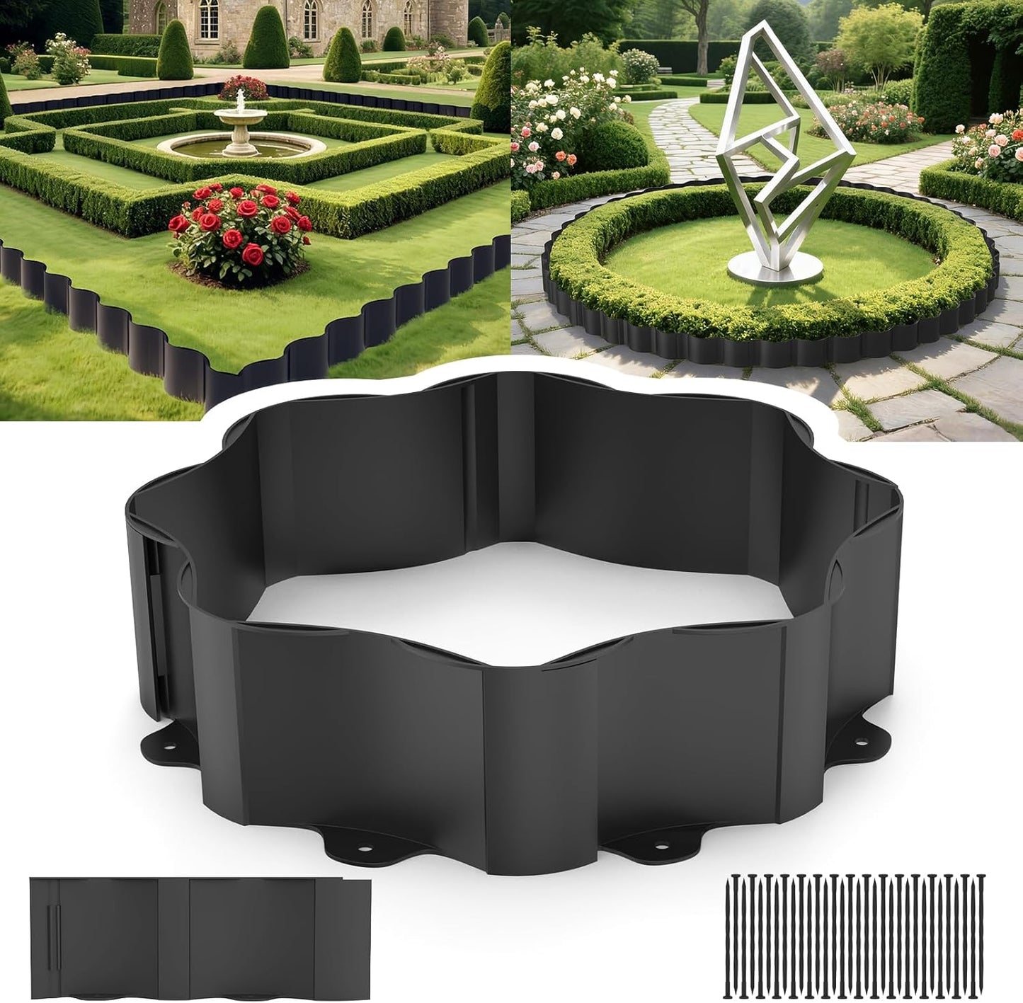 Mars Villa Landscape Edging 30FT Garden Edging, Interlocking Landscape Edging 5.9 in Landscape Edging Border Plastic Flower Bed Border for Yard, Lawn, Flower Bed, Fence, Pathway (Black,24Pcs)