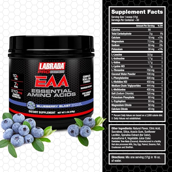 Pro Series EAA Maximum Potency Complete Essential Amino Acid Hydrating Formula with 10g EAAs 7g BCAAs & 270mg Hydrating Elecrolytes Recovery and Performance (Blueberry Blast)