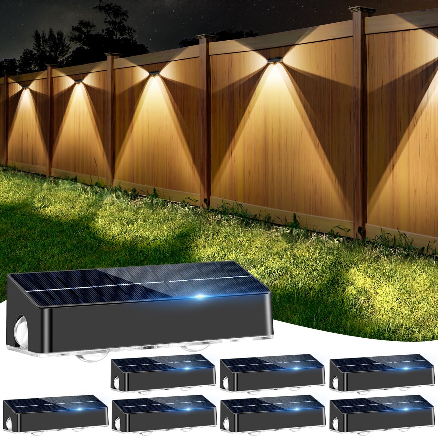 Nibuuecer Solar Fence Lights 9 Colors&11 Lighting Modes Fence Solar Light Outdoor Waterproof Ip65  3-Side Lighting Led Deck Lights For Outside Wall Backyard Step Patio Garden 8Pack