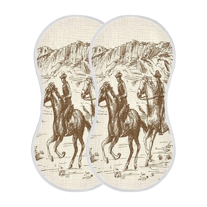 Muslin Baby Burp Cloths Set of 4, Soft Absorbent Western Desert Cowboy Muslin Washcloths, Bibs, Face Towel for Newborn Boys Girls, 22 x 11 Inch