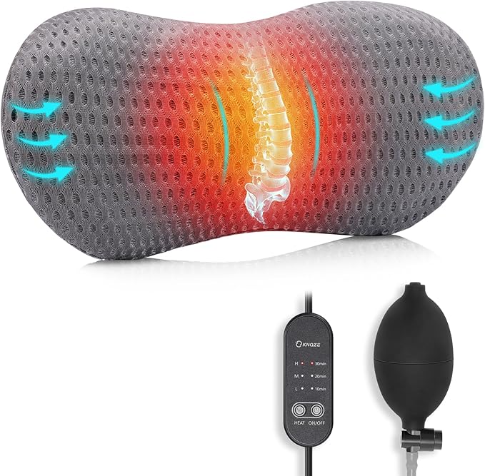 Lumbar Support Pillow Adjustable Traction Height with Heating for Lower Back Pain Relief, Memory Foam Back Pillow, Ideal for Office Chair, Recliner, Car Seat, Bed