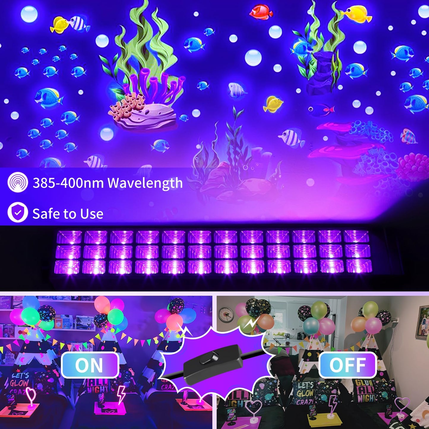 Isuerfy 100W Black Light Bar - Ip66 Waterproof Led, 3 Count, 6Ft Cord, Ideal For Outdoor Neon Glow Parties, Model Isuerfy-Blb100