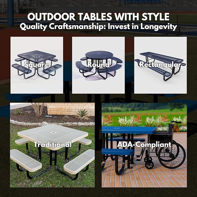 Heavy-Duty Portable Outdoor Picnic Table with Umbrella Hole, Punched Steel Commercial-Grade Patio Furniture Made in America (46" Round Top, Orange with Orange Frames)