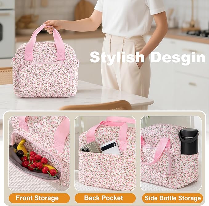 Large Lunch Bag for Women Insulated Lunch Box Reusable Cooler Bag Portable Cute Corduroy Leakproof Tote Bags for Travel, Work, and Picnic, Pink Flower