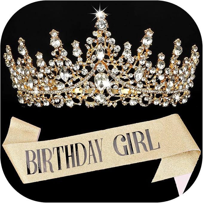 COCIDE BIRTHDAY GIRL Sash for Women Happy Birthday Sashes and Crowns for Girls Crystal Tiaras for Princess Gold Party Deco...