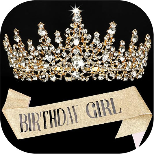 COCIDE BIRTHDAY GIRL Sash for Women Happy Birthday Sashes and Crowns for Girls Crystal Tiaras for Princess Gold Party Deco...