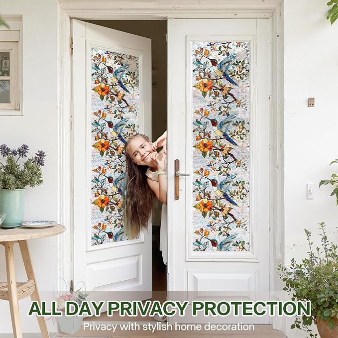 Stained Glass Window Film UV Resistant Window Privacy Film Hummingbird Floral Privacy Rainbow Decals Living Room Bedroom Sun Blocking Decor Removable Static Cling Stickers 17 x 78.74 Inch