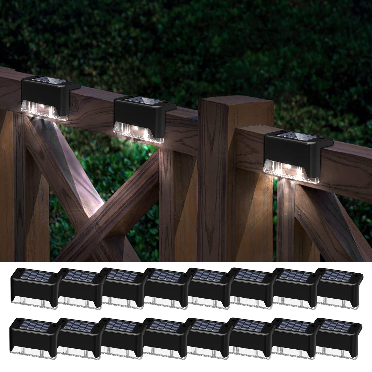 pearlstar Solar Deck Lights, 16 Pack Waterproof LED Stair Lights, Black (White Light), Model: 766b1718, for Outdoor Use