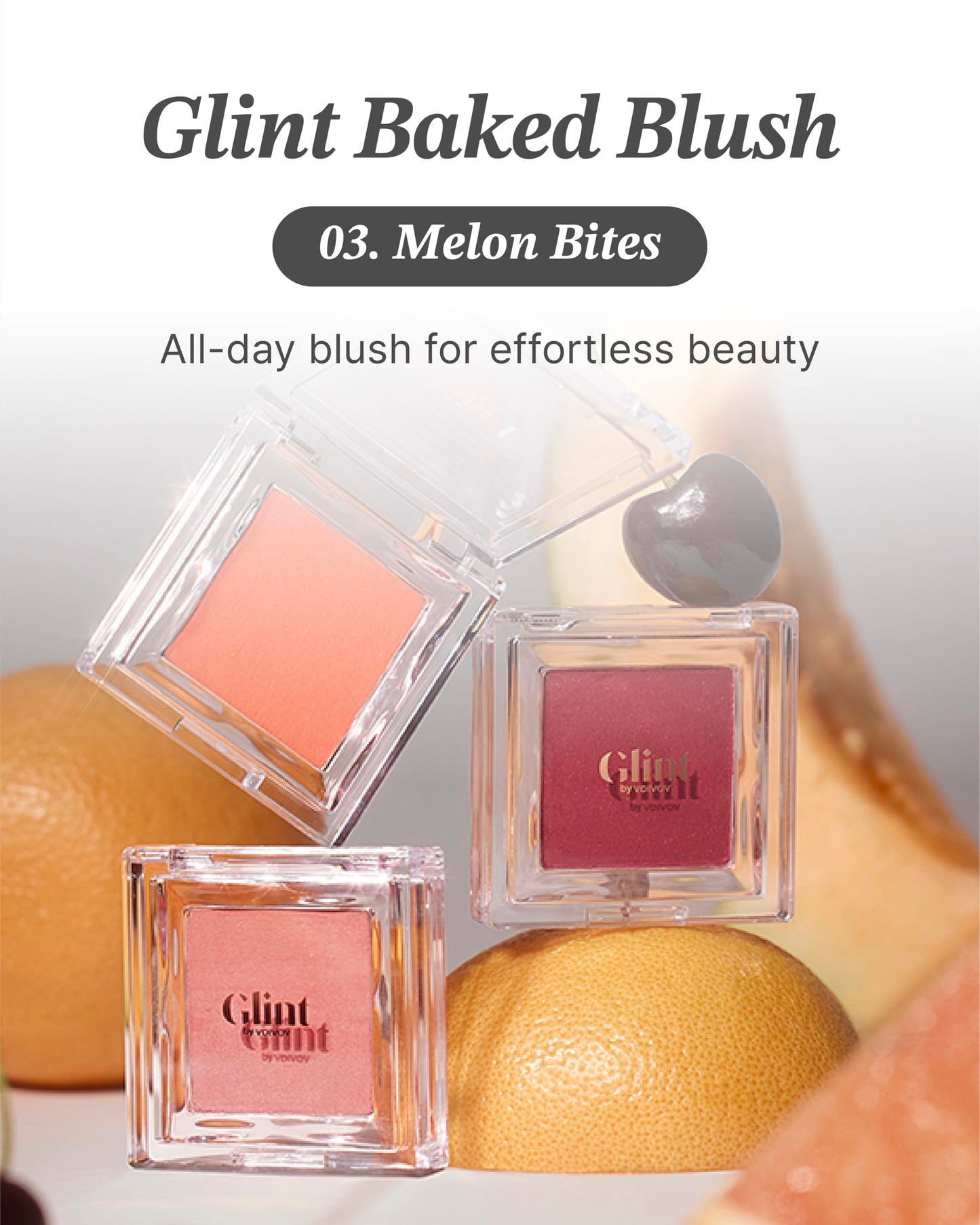 Glint Baked Blush (Melon Bite, 0.08oz) - Long-Lasting, All-Day Face Blush Powder for a Natural Look. Korean Skin Care, Korean Ma