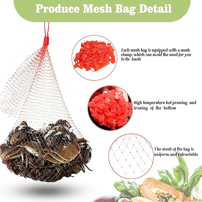 Reusable Mesh Produce Bags, 20 Inch Seafood Boil Bags for Crab Clam Shrimp Cooking, Onion Potato Storage Vegetable Packaging Net Bag with Loop-style Closures (100Pcs-Red)