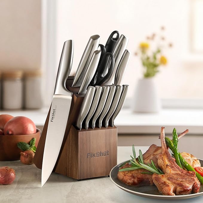 Knife Block Set, Kitchen Knife Sets with Block, FIKSHOT Knives Set - Razor-Sharp Santoku Knives, Fruit and Kitchen Sets - Rust Resistant for Homecooks (Silver + Walnut)