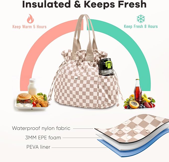 Yarnic Lunch Bag Women Insulated Lunch Bags,Cute Reusable Lunch Box Stain-Resistant Lunchbox with Water Bottle Holder for Adult Men Work Travel Picnic (Beige Coffee Checker)