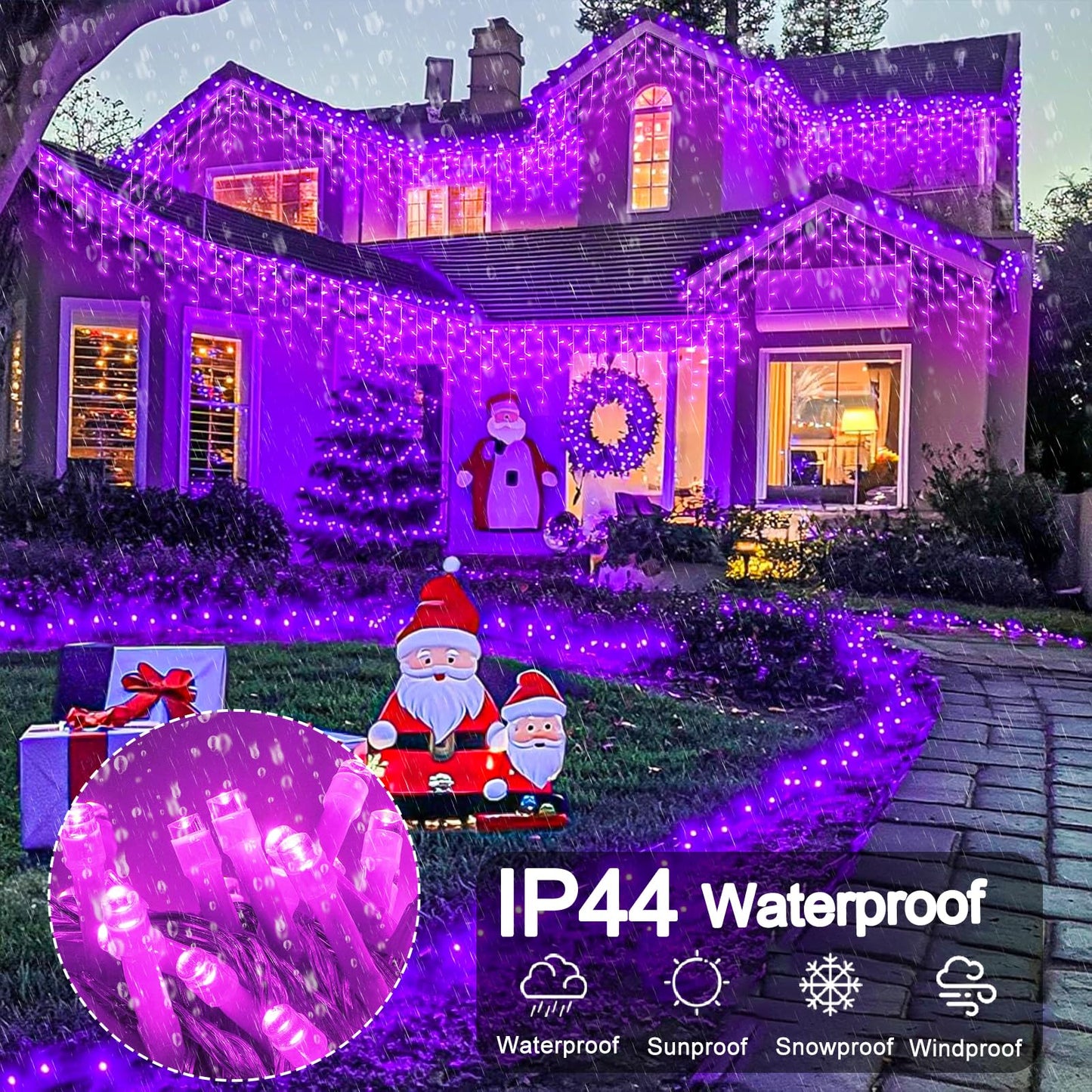 Nielfoi 400 LED Icicle Lights, 33ft Purple Outdoor String Lights, Waterproof, 8 Modes, Copper Wire for Holiday Decoration