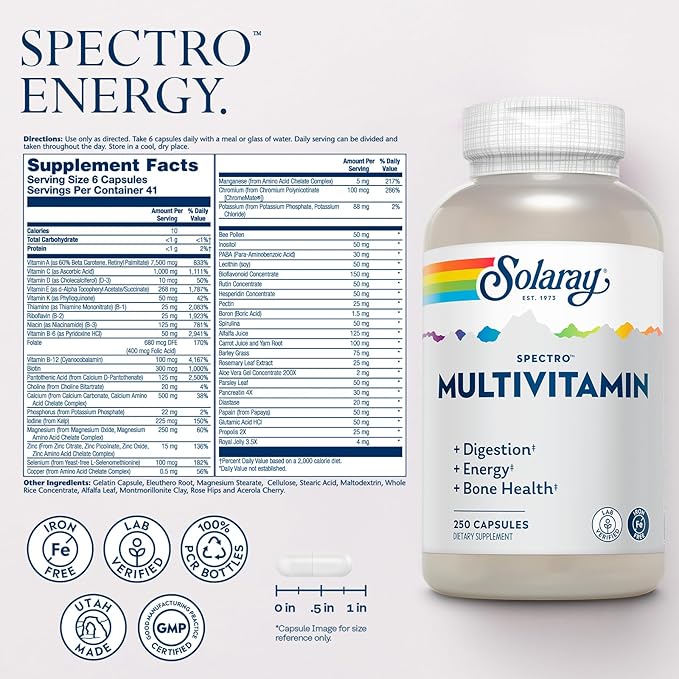 SOLARAY Spectro Multivitamin, Iron Free - Multi Vitamin w/Calcium, Magnesium, Energizing Greens, Digestive Enzymes - Digestion, Cellular Energy, Bone Health, Immune Support, 41 Servings, 250 Capsules