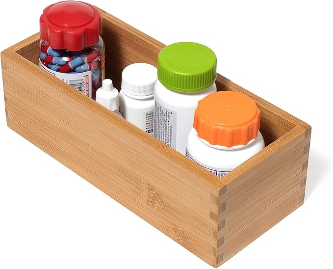 Lipper International Bamboo Wood Utensil Holder Storage Box for Cooking Tools, Makeup, or Office Supplies, 4" x 9 1/4" x 3"
