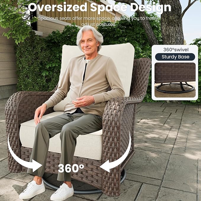 10 Pieces Outdoor Patio Furniture Sets with Rocking Swivel Chairs with 6-inch Thick Cushion and Fire Pit Table for Deck Lawn