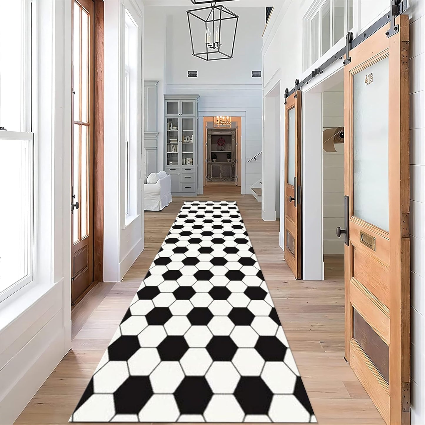 Football Pattern Runner Rugs for Hallway, 2x10ft, Black White Geometric Entrance Rug, Machine Washable High Traffic Rug, with Non Slip Backing Absorbent Carpet for Entryway Living Room