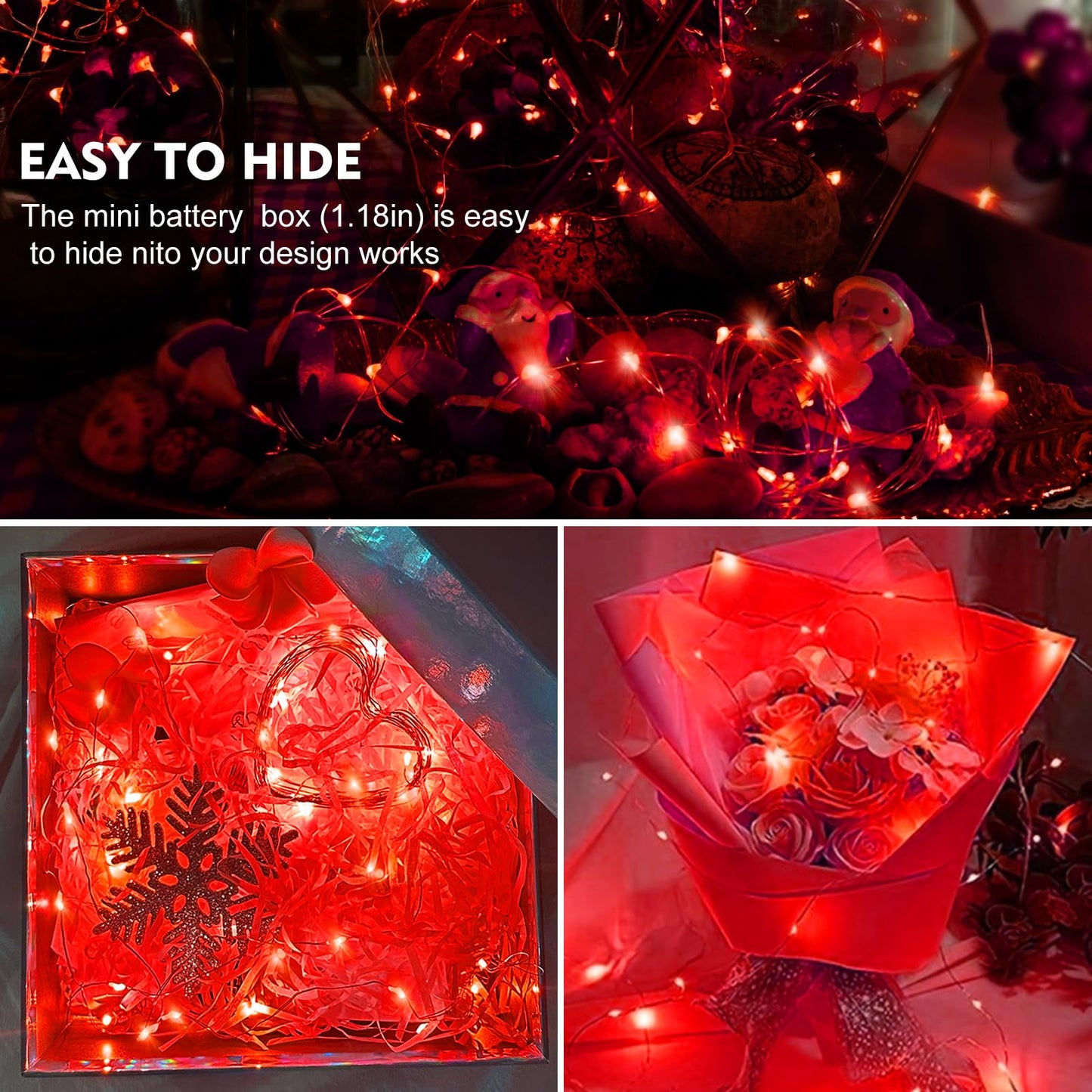 Aikei 100 Pack Led Fairy Lights Battery Operated  Mini String Lights Waterproof 7Ft 20 Led Firefly Starry Lighting 3 Modes For Wedding Party Bedroom Halloween Valentines Christmas Decoration Red