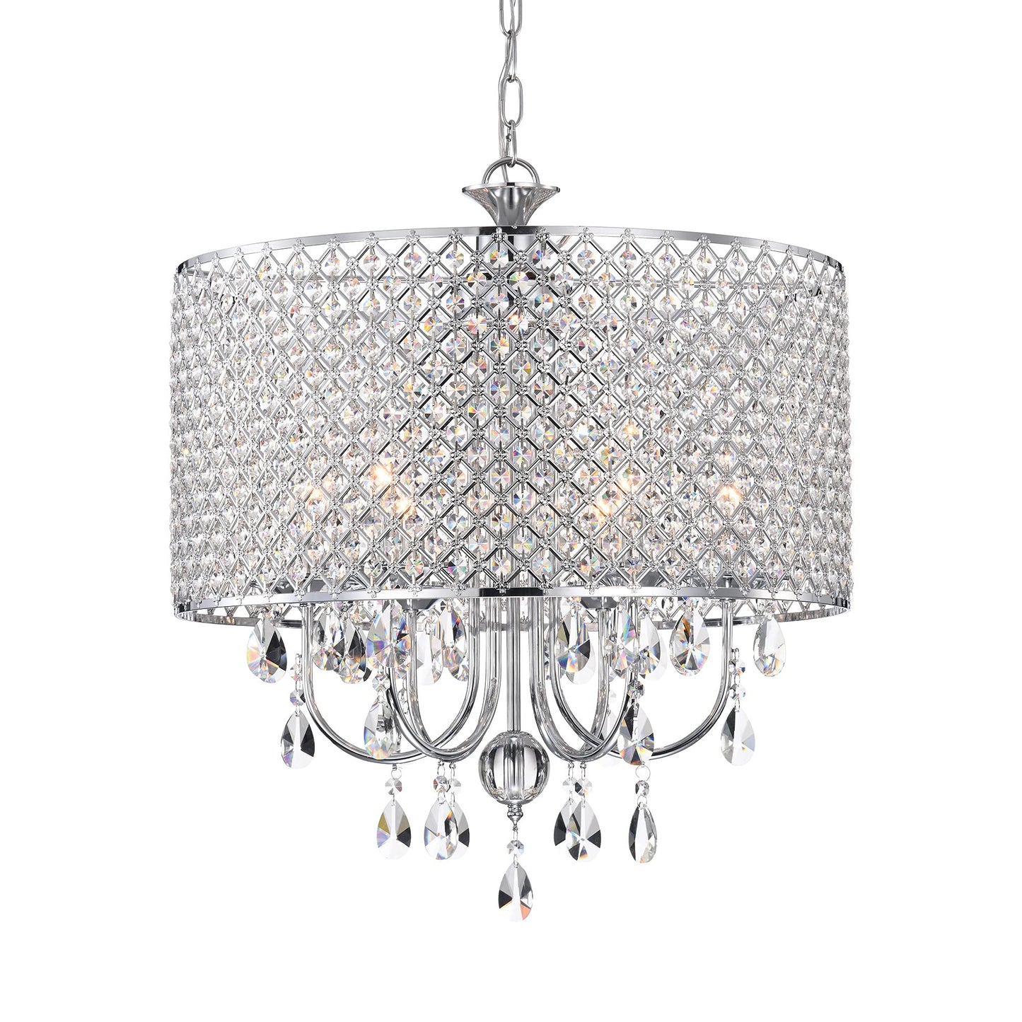 Edvivi Marya 6-Light Chrome Drum Crystal Chandelier, Adjustable Ceiling Light Fixture For Dining Room, Living Room, Bedroom