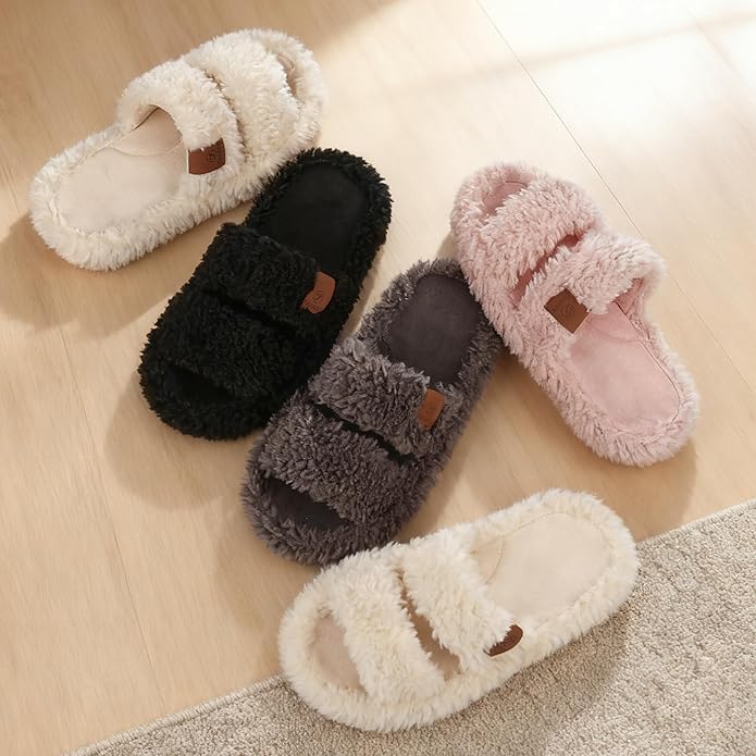 Youecci Girls Fuzzy Slippers-Soft Open Toe Slippers with Memory Foam & Arch Support, Dual-Strap Warm Comfy Home Slides Indoor House Shoes