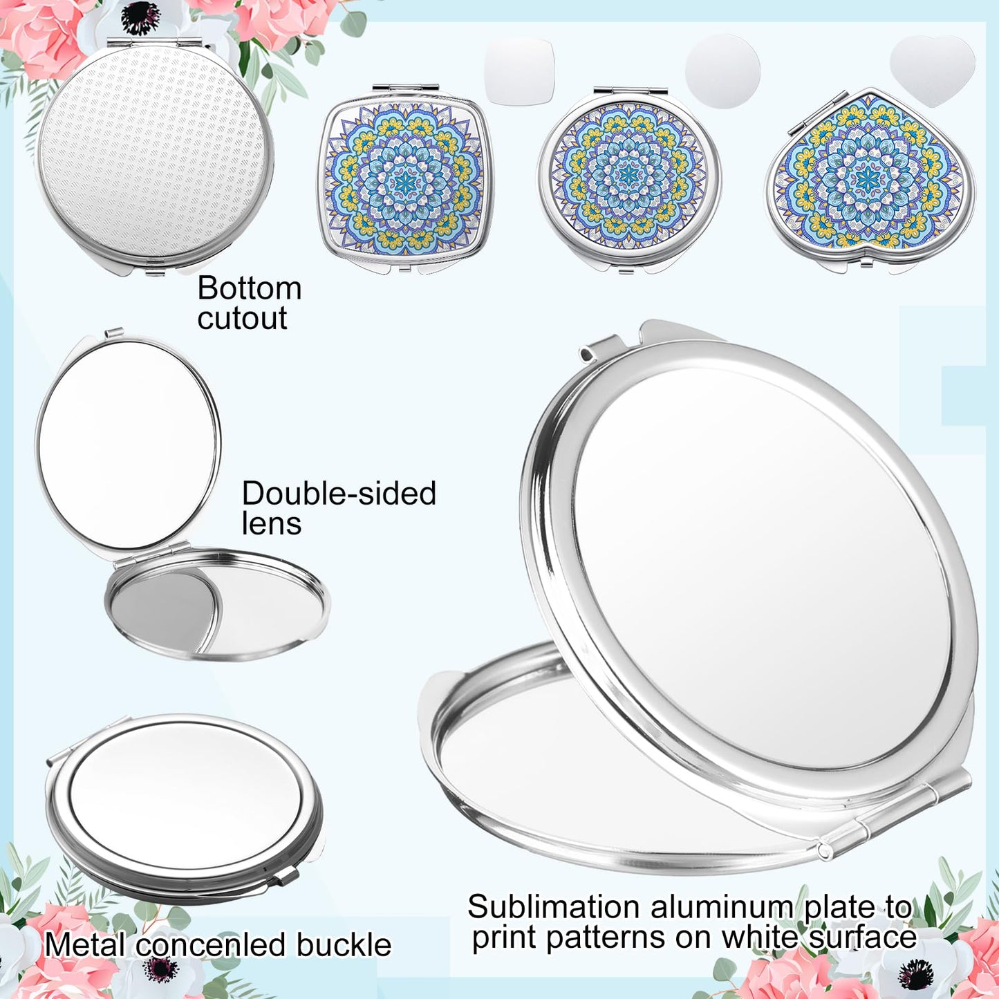 Jetec 12 Pcs Sublimation Blanks Products Small Compact Mirror Bulk Heat Transfer Folding Pocket Makeup Mirror Heart Round Square