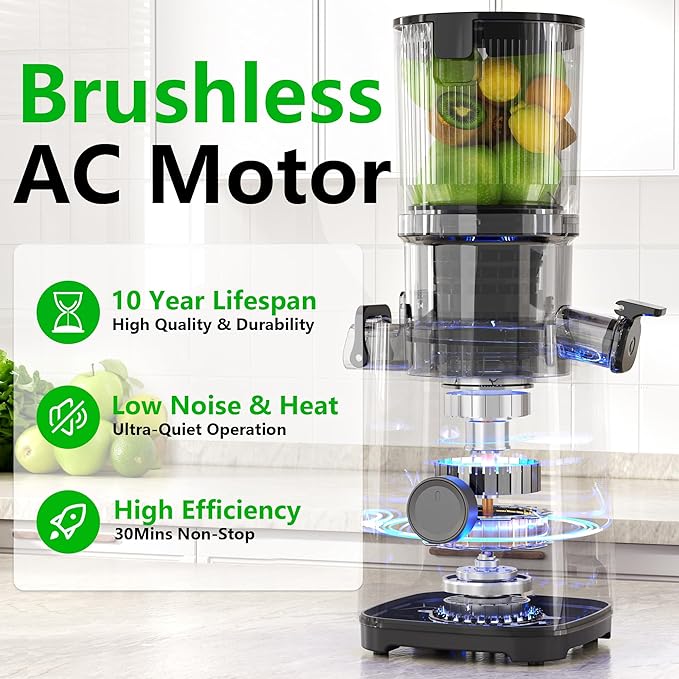 T33 Cold Press Juicer Machines, 5.3" Large Feed Chute Slow Masticating Juicer, Powerful AC Brushless Motor Fit Whole Fruits & Vegetable, 99% Juice Yield, Ultra Quiet, Easy Clean