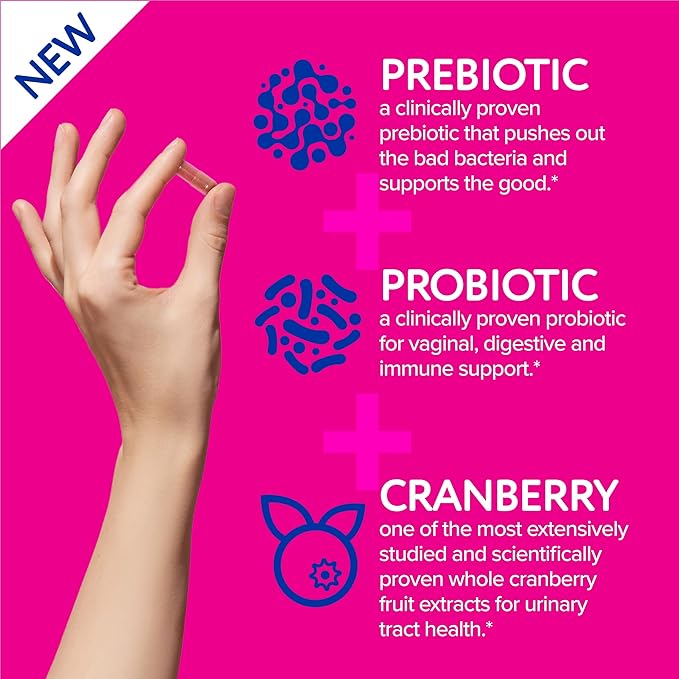 Florajen Women’s Triple Action Probiotic – Prebiotic + Probiotic + Cranberry for Vaginal, Digestive & Immune Support – Fast-Acting, Clinically Studied, Gluten-Free & Vegan, (30 Count)