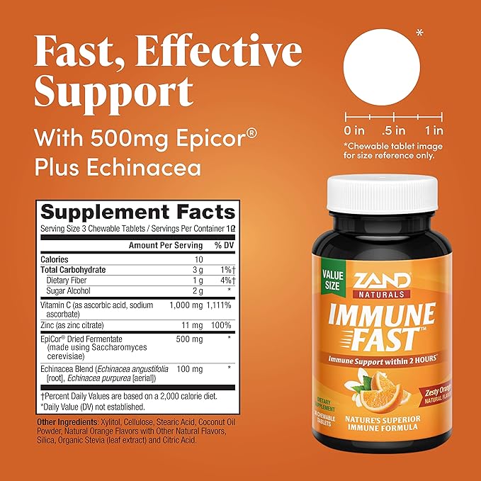 Zand Immune Fast Chews | Boosts Immune Response & Cell Activity w/EpiCor* & Vitamin C (Orange, 36 Count)