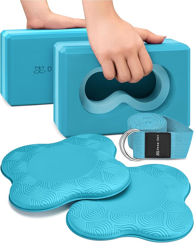 Deep-Zen® Yoga Blocks Wrist Support; Yoga Blocks 2 Pack with Knee Pads and Strap to Put Less Weight on Wrists; Durable, Ve...