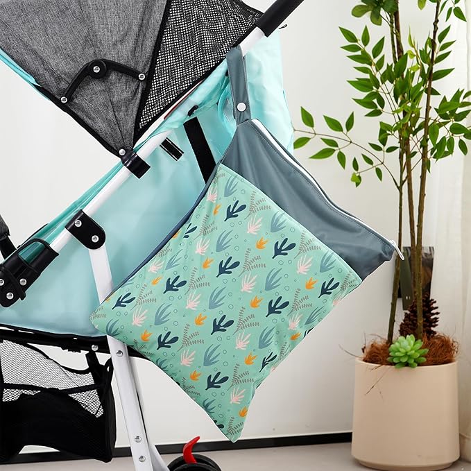 2pcs Wet Bags Waterproof Reusable Wet Dry Bag with Two Zippered Pockets Travel Beach Pool Daycare Yoga Gym Bag for Baby Cloth Diaper,Swimsuits,Wet Clothes (Turtles & Seagrass)