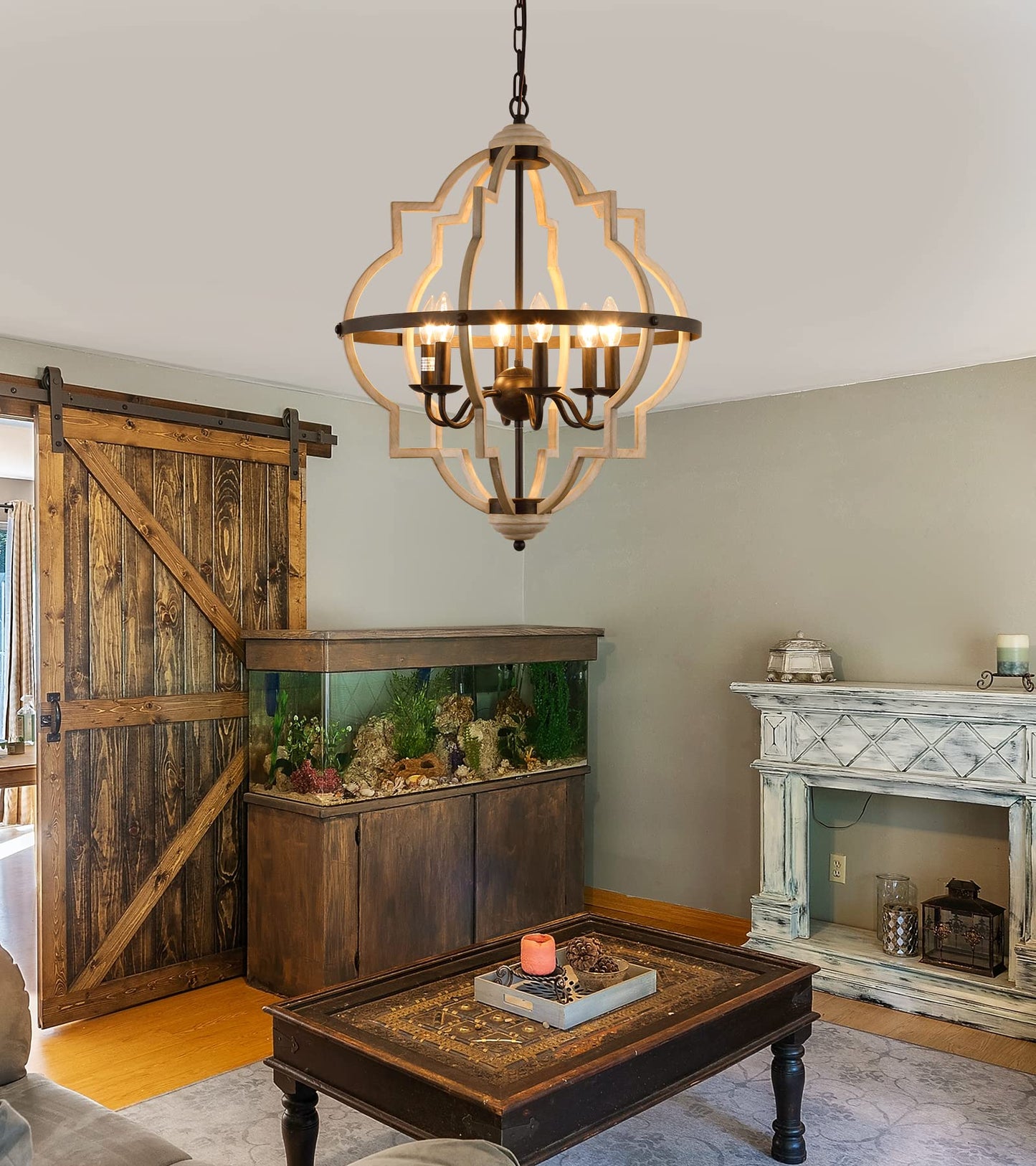 Q&S Rustic Antique Orb Chandelier, 6-Light Oak White Iron Ceiling Fixture For Foyer, Dining Room, Kitchen, Living Room